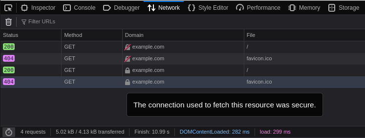 `example.com` HTTP (first 2 requests) vs. HTTPS (second 2 requests)