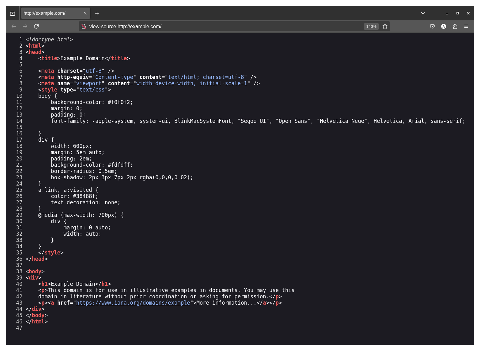 Open a new tab and paste this into your address bar: `view-source:https://example.com/`